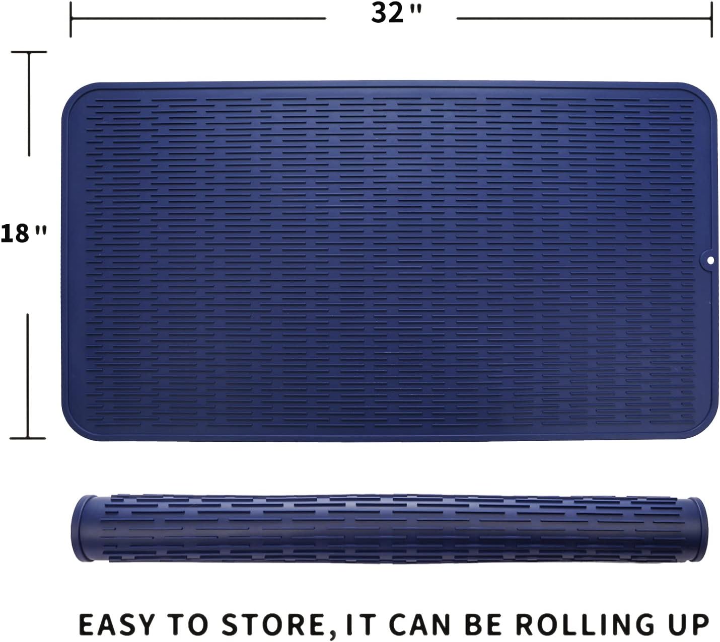 Silicone Dish Drying Mat for Multiple Usage,Easy clean,Eco-friendly,Heat-resistant Silicone Mat for Kitchen Counter or Sink,Refrigerator or Drawer Liner Navy Blue 4XL 32 inches x 18 inches