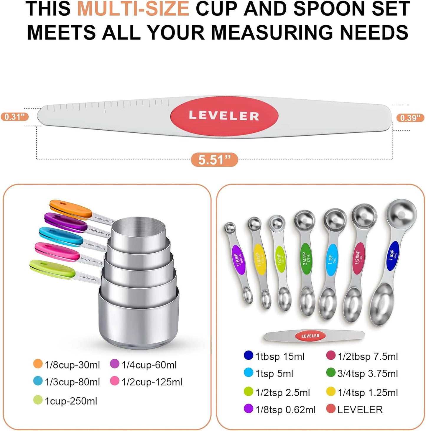 13-Piece Measuring Cups and Magnetic Spoons Set, 5 Stainless Steel Measuring Cups, 7 Double-Sided Magnetic Measuring Spoons & 1 Leveler for Cooking and Baking (5+7+1)