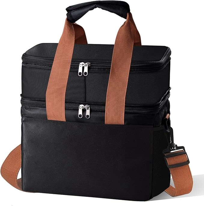 Upgraded Insulated Lunch Bag & Lunch Box for Men and Women - 15-20L Expandable Double Deck, Leakproof Soft Cooler Bag with Side Tissue Pocket - Large Adult Lunch Tote for Work, Picnic, Beach (Black)