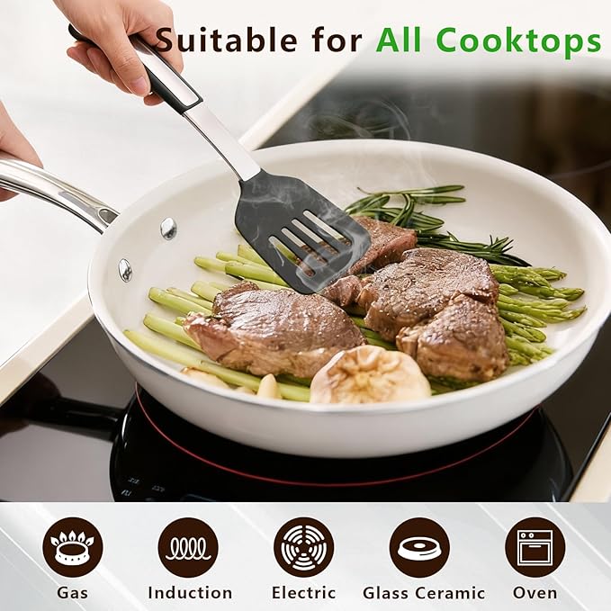 9.5" Ceramic Frying Pan Nonstick, Skillet, Cooking Pan Non Toxic with Stay Cool Handle for Induction, Chef's Pan, PTFE & PFAS & PFOA Free, Dishwasher/Oven Safe, White