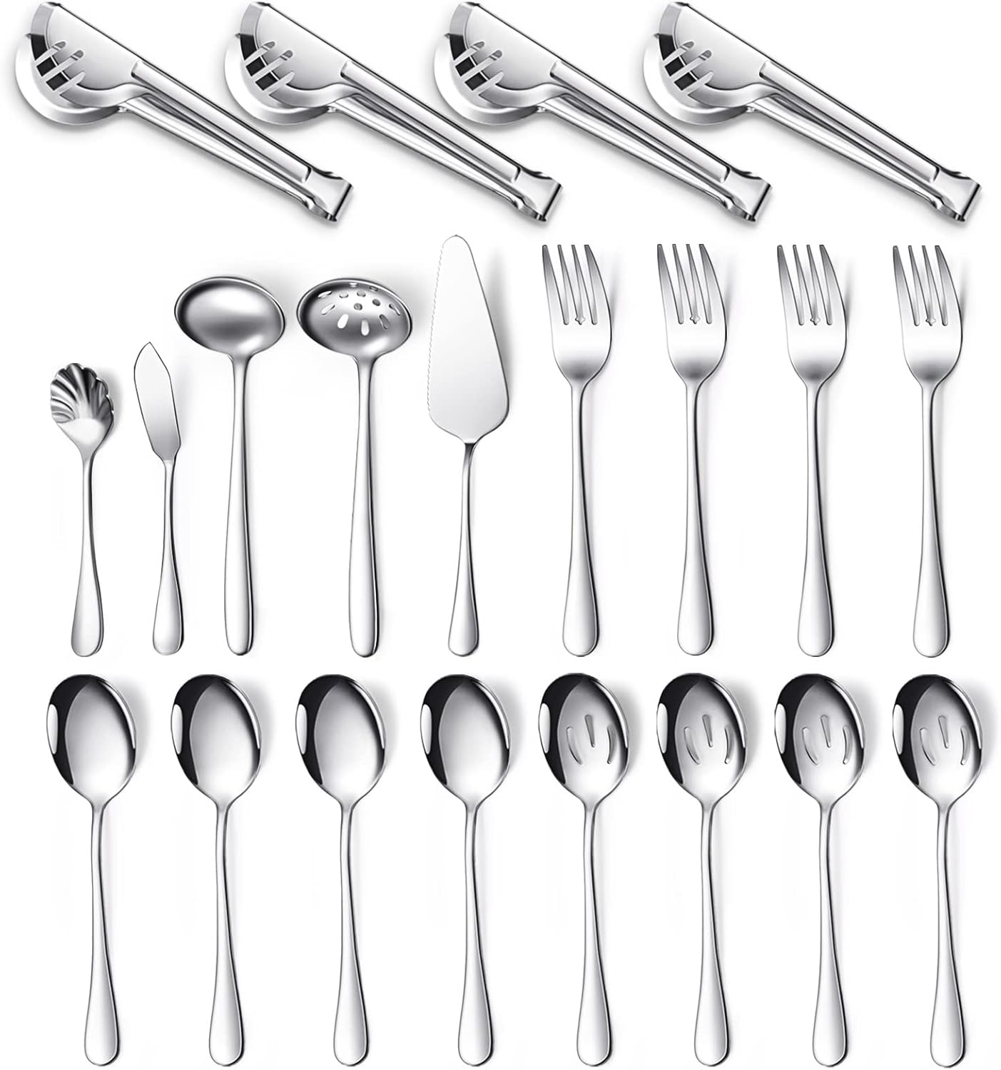 Patelai Serving Utensils Set Include Stainless Steel Large Spoons Slotted Spoons Forks Tongs Soup Ladle and Pie Server for Parties Buffet Catering, Dishwasher Safe(Silver,21 Pieces)