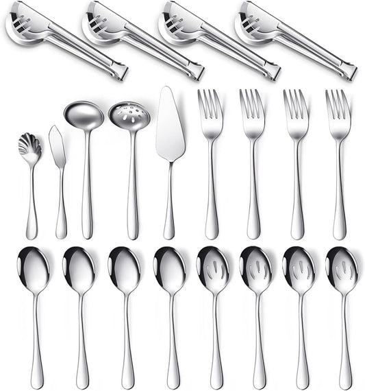 Patelai Serving Utensils Set Include Stainless Steel Large Spoons Slotted Spoons Forks Tongs Soup Ladle and Pie Server for Parties Buffet Catering, Dishwasher Safe(Silver,21 Pieces)