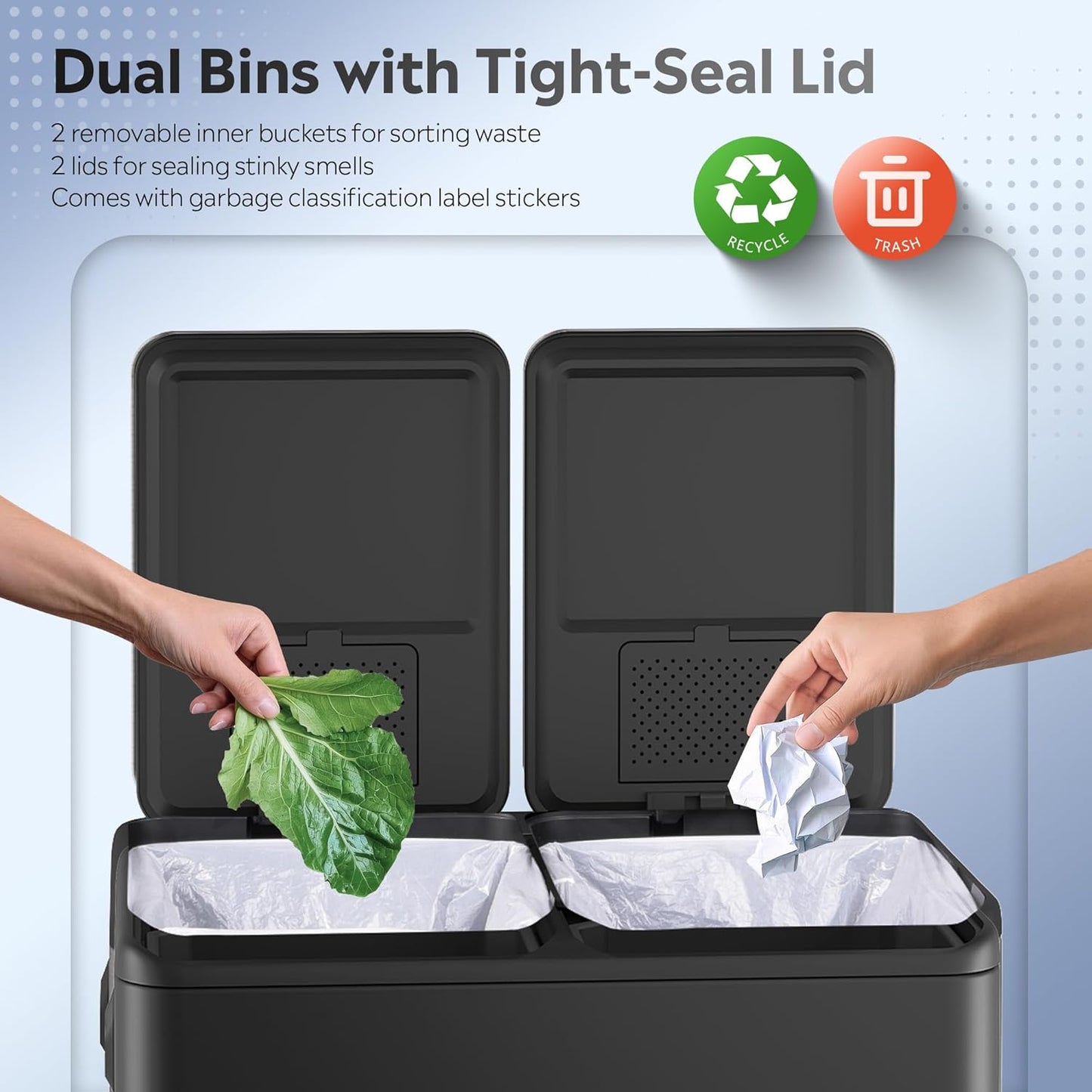 WLIVE 2 x 8 Gallon Stainless Steel Dual Trash Can, Double Trash Can Kitchen with Soft-Close Lid, Trash and Recycle Bin Combo, Kitchen Garbage Can with Deodorizing Filter Box and Inner Buckets, Black