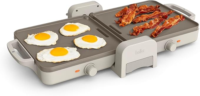 Bella 10"x 20" Ceramic Fold-n-Store Dual Temp Griddle, Fits-anywhere Kitchenware, EverGood Ceramic Nonstick Coating, 2 Temperature Zones up to 400°F, Dishwasher Safe Drip Tray, 1500 Watt, Oatmilk