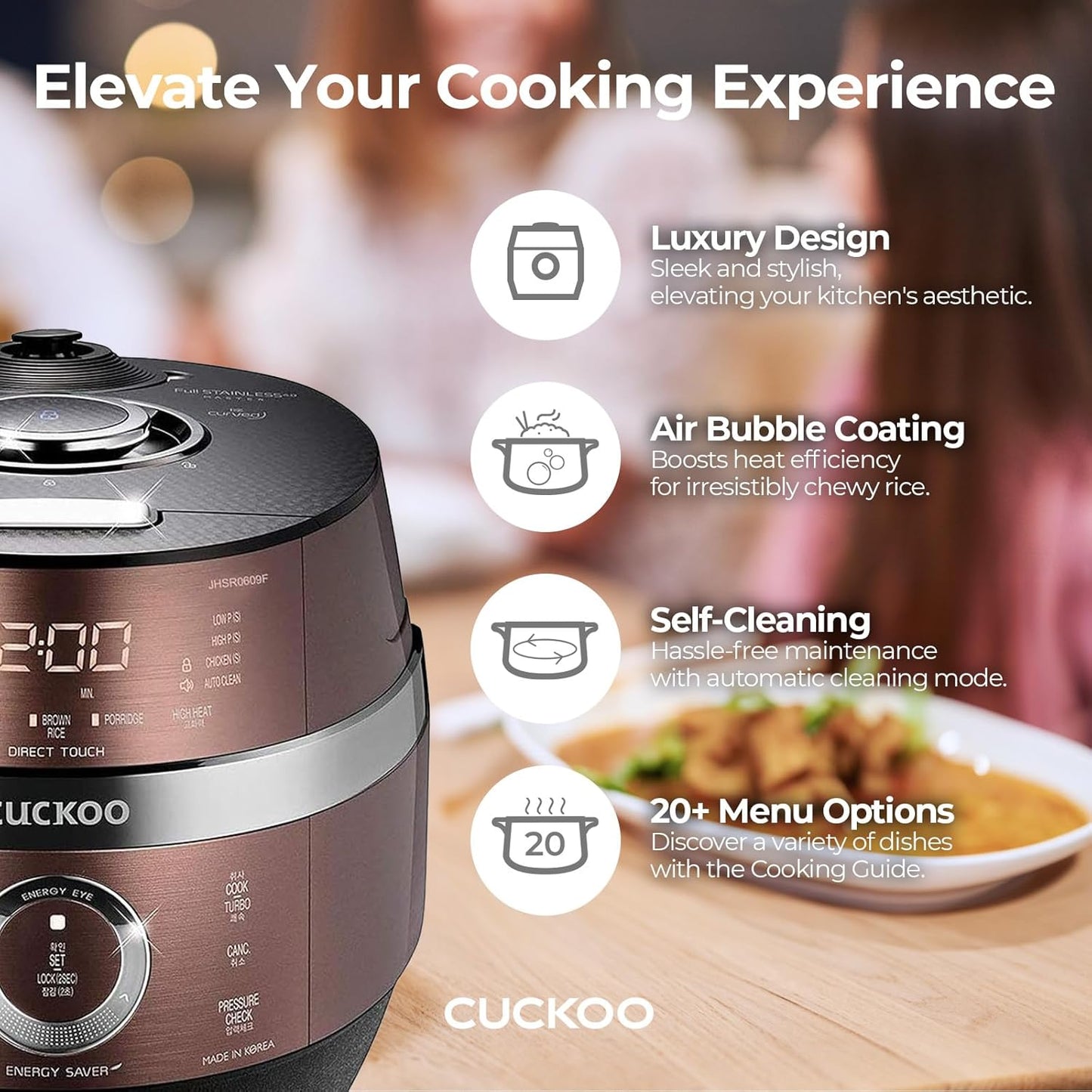 CUCKOO High Pressure Rice Cooker 10-Cup Uncooked / 20-Cup Cooked with Induction Heating Technology, Large Rice Maker with 16 Menu Options and Steam Plate, Voice Guide, Copper (CRP-JHR1009F)
