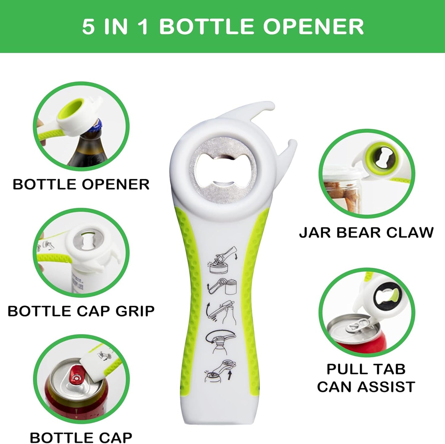 Jar Opener for Weak Hands, Seniors with Arthritis, 5 in 1 Multi Function Bottle Opener Lid Opener For Arthritic Hands with Non Slip Rubber Jar opener Gripper Pad and Corkscrew Wine Opener(GREEN)