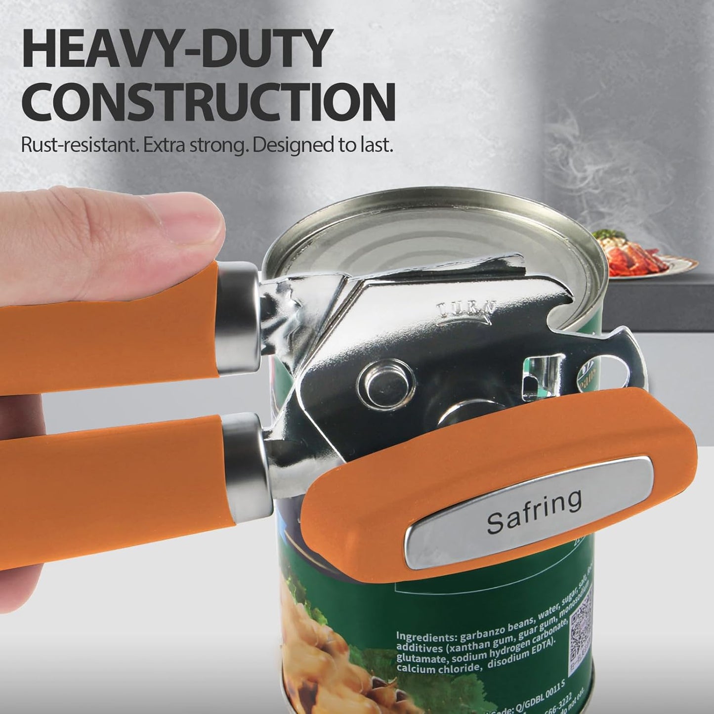 Can Opener Manual, Heavy Duty Handheld Strong Can Opener with Soft Touch Handle, Sharp Blade Smooth Edge, Can Openers with Multifunctional Bottle Opener, Orange