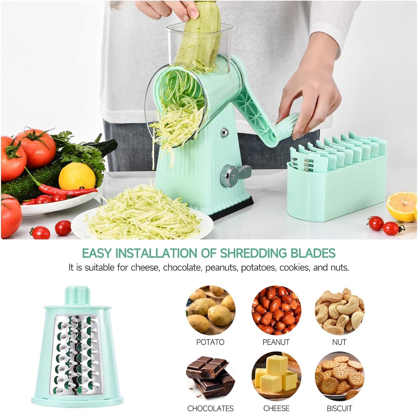 Xilrvna Rotary CheeseGrater, Vegetable Shredder 5 in 1 CheeseGraterwithHandleedderReinforcedSuction,EasytoClean,KitchenChopperforCrushed Ice,Fruits and Nuts with Blade Storage Case（Green）