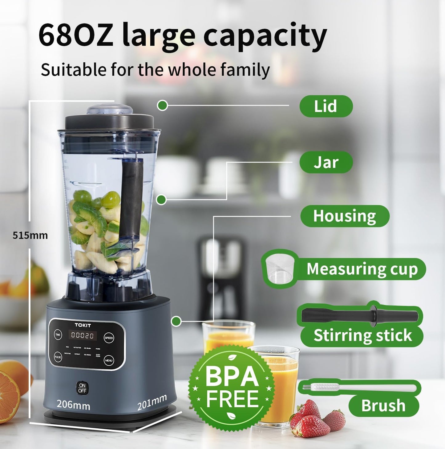 TOKIT B3 Countertop Mixer Blenders for Kitchen 8 Preset Programs 1200W Smoothy Blender Machine 68 Oz Large Capacity Professional Glass Blender for Shakes and Smoothies, Juicer, Ice, Frozen Drinks