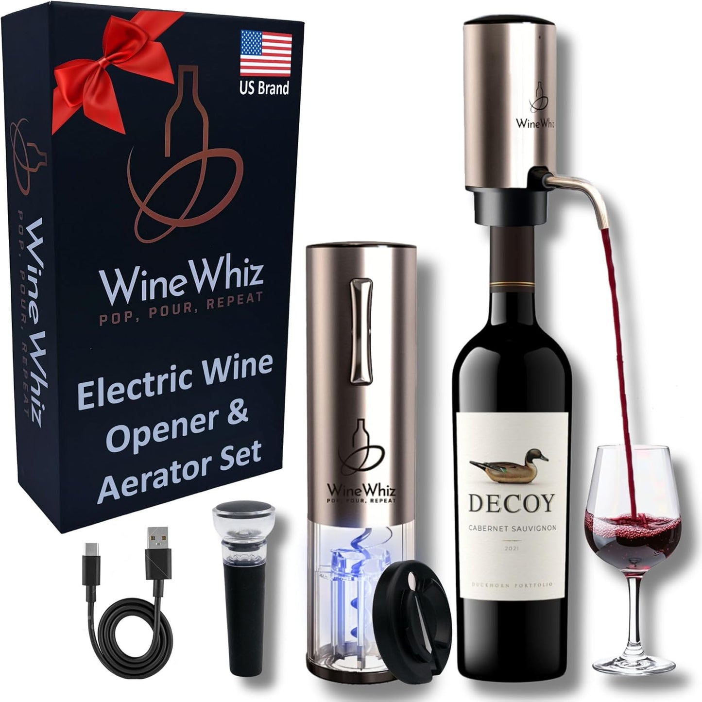 Electric Wine Aerator & Opener Set with Accessories, Rechargeable Automatic Corkscrew, Aerator, Dispenser, Foil Cutter Tool, Stopper, Wine Lovers Gift for Housewarming, Birthday, Registry, Anniversary