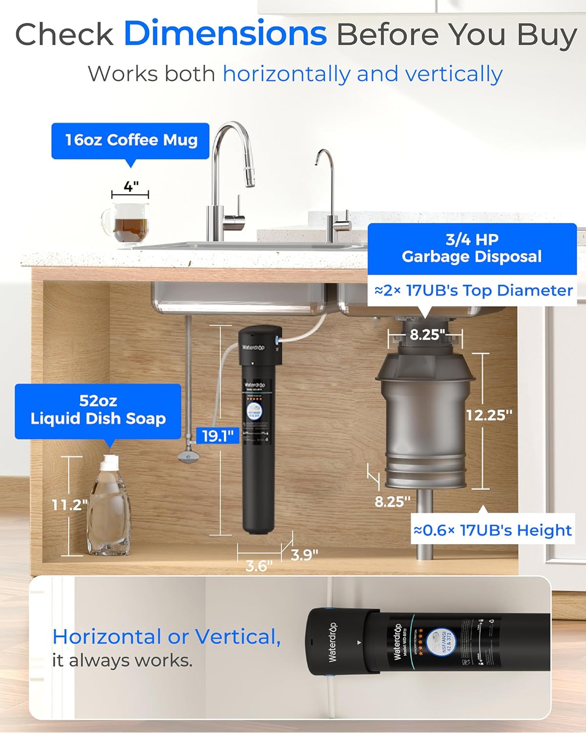 Waterdrop 17UB 3 Years Under Sink Water Filter, Under Sink Water Filtration System, NSF/ANSI 42 Certified, Reduces PFAS, PFOA/PFOS, Lead, Under Sink Water Filter with Faucet, 24K Gallons