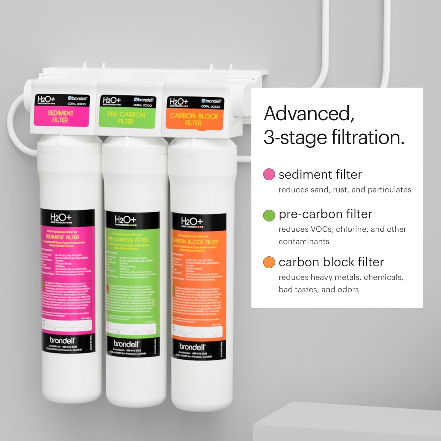 Brondell Coral UC300 Under Sink Water Filtration System – Reduces PFAS, Lead, & Chlorine in Drinking Water, Water Purifier with Designer Chrome Faucet – Quick Change Filter, WQA Gold Seal-Certified