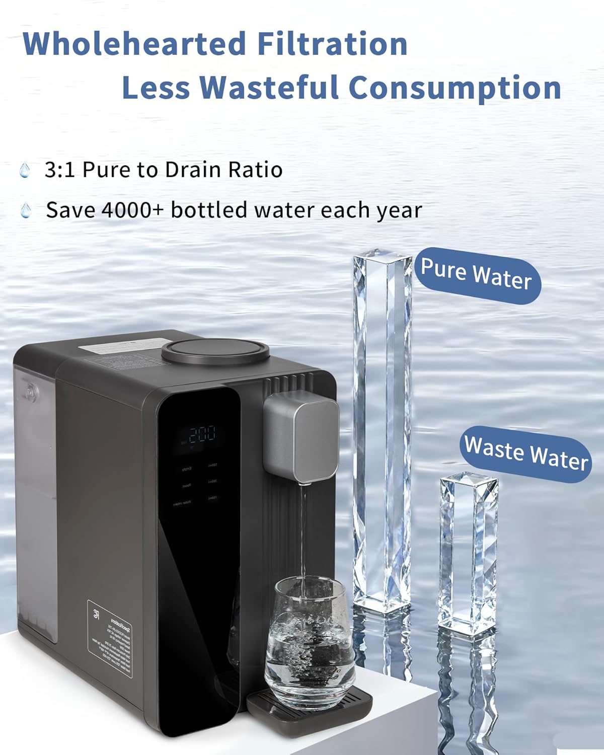 Countertop Reverse Osmosis System Water Filter - 5 Stage RO Water Filtration System, No Installation Portable Home Water Purifier, TDS & Filter Monitor, 3:1 Pure to Drain, Black