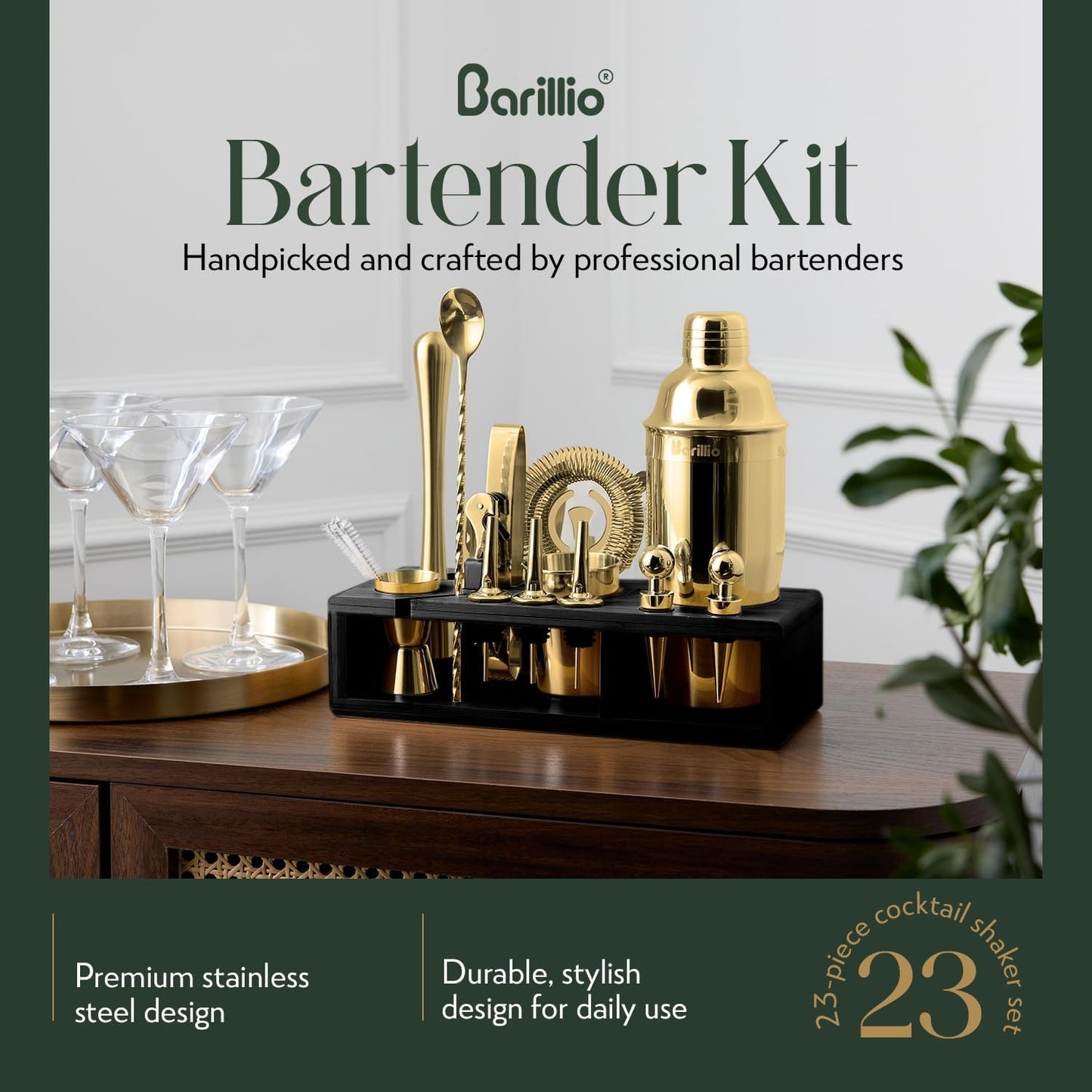 Barillio Gold Bartender Kit - Stainless-Steel Cocktail Shaker Set w/Black Bamboo Stand - Mixology Bar Tools w/Drink Shaker, Mixer, and Muddler for Cocktails - Home Bar Accessories - 23-Pc Bar Set