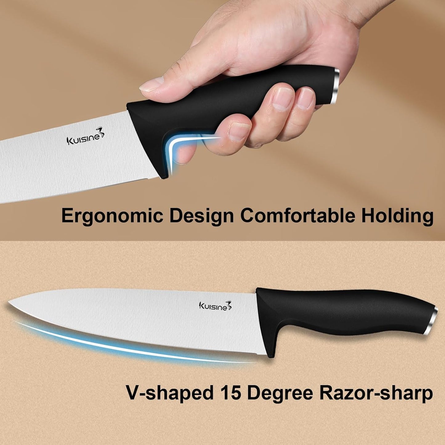 Kuisine Chef Knife Set,High Carbon Stainless Steel Ultra Sharp Blade Ergonomic Handle,Kitchen Knife Block Set with Built-in Sharpener, Elegant Gift for Holiday(Acacia,15PCS)