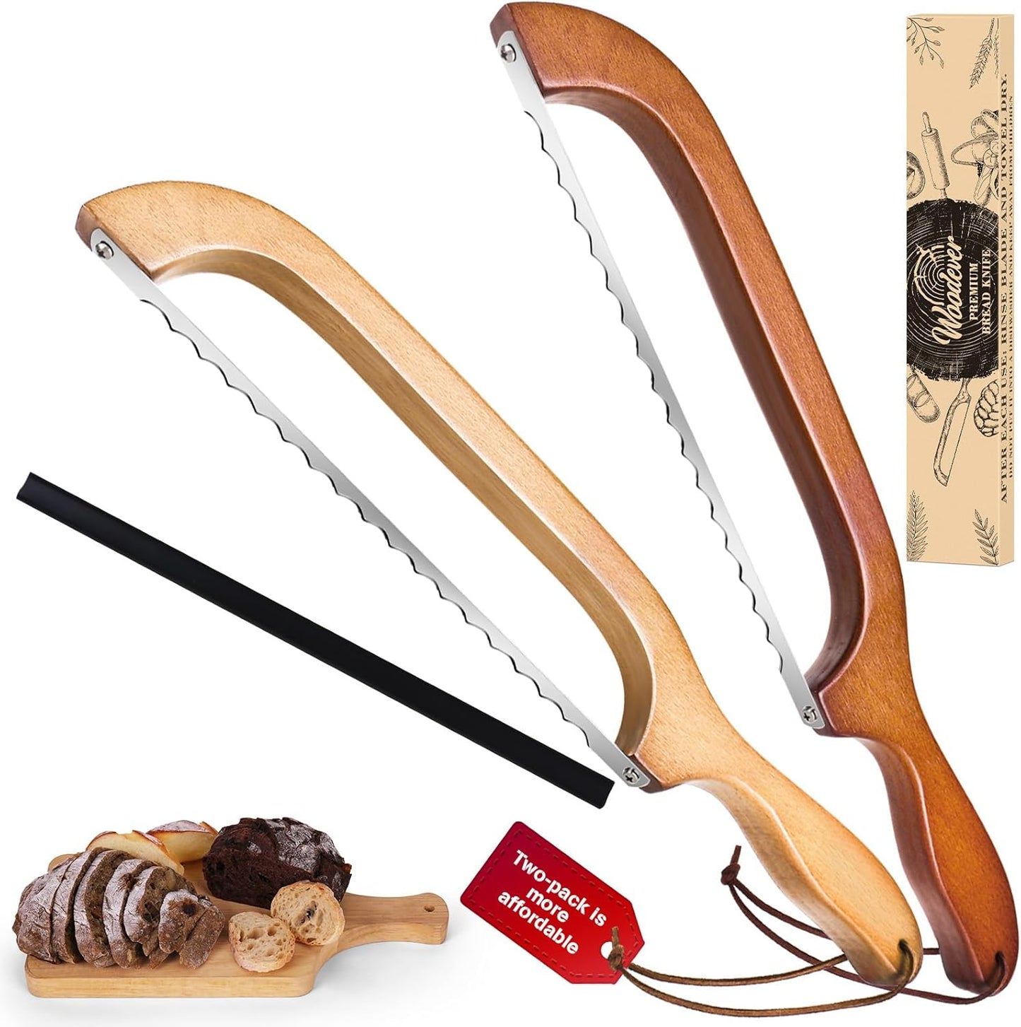 Woodever Bread Knife, 2 Pack Bread Slicer for Homemade Bread, 16'' Wooden Sourdough Bread Knife with Bow Design, Premium Stainless Steel Serrated Bread Cutter for Bagels and Baguettes