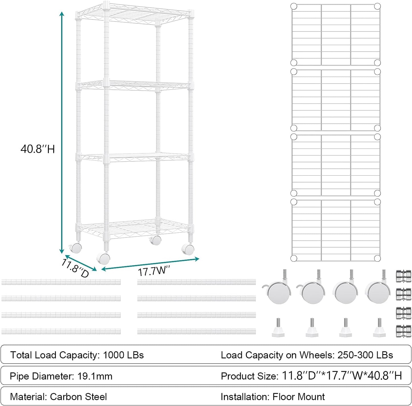 1000 lbs 4-Shelf Adjustable Heavy Duty Steel Wire Rack, Adjustable Storage Shelving Unit with Wheel for Kitchen, Garage, Laundry White 11.8" D x 17.7" W x 40.8" H