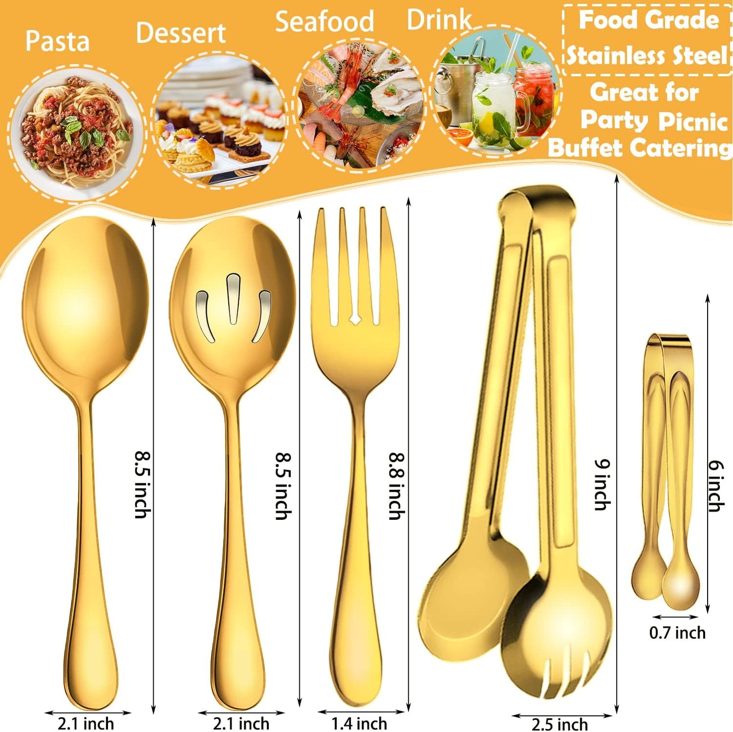 10 PCS Stainless Steel Serving Utensils, Large Serving Spoons Slotted Spoons, Serving Forks, Serving Tongs, Ice Suger Tongs, Metal Utensils Set Great for Buffet Catering Banquet Party (Gold)
