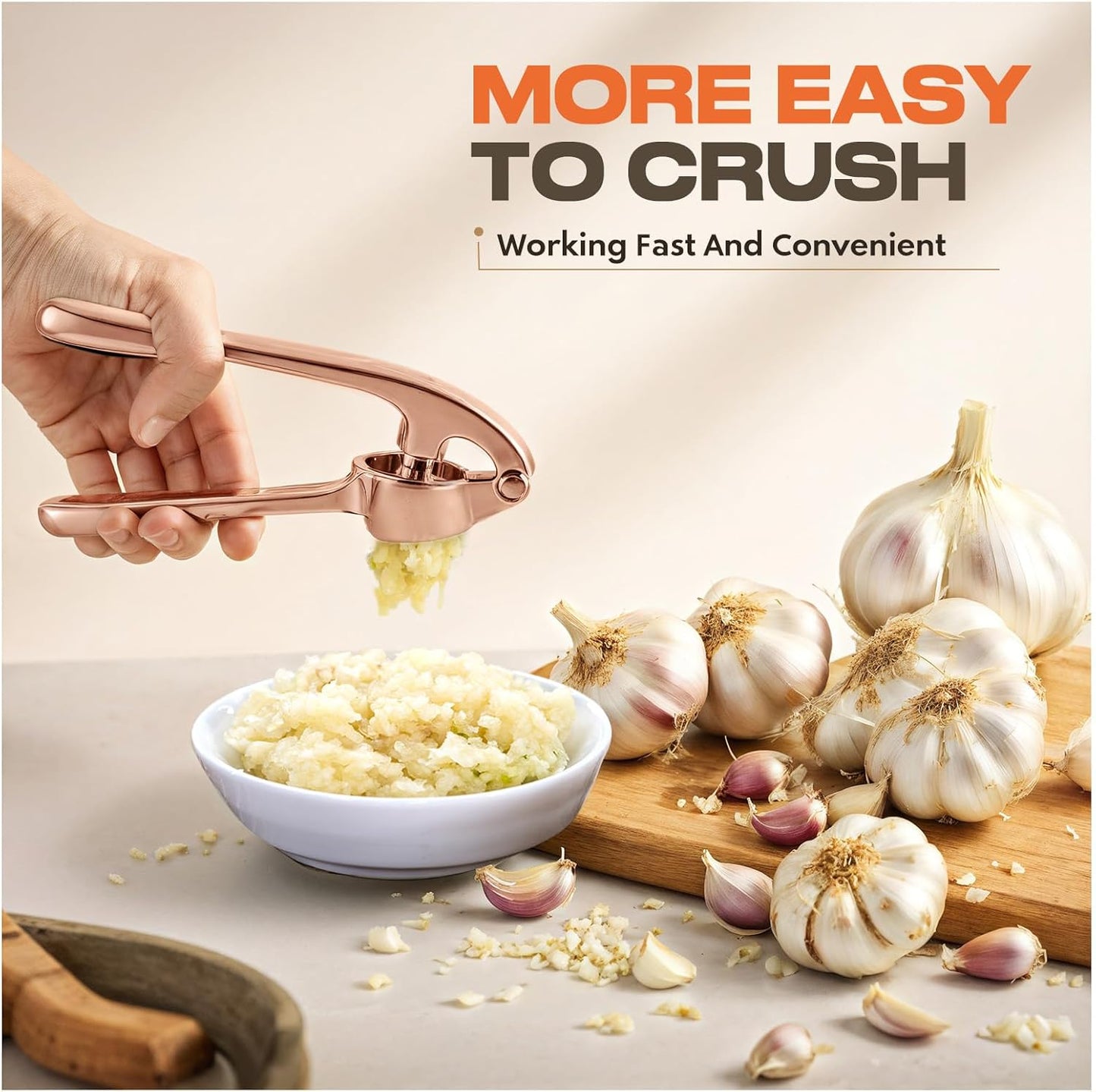 Kitchen Garlic Press, Rust Proof & Dishwasher Safe Garlic Mincer, Durable Garlic Crusher Set with Peeler＆Brush, Easy to Clean and Squeeze, Copper