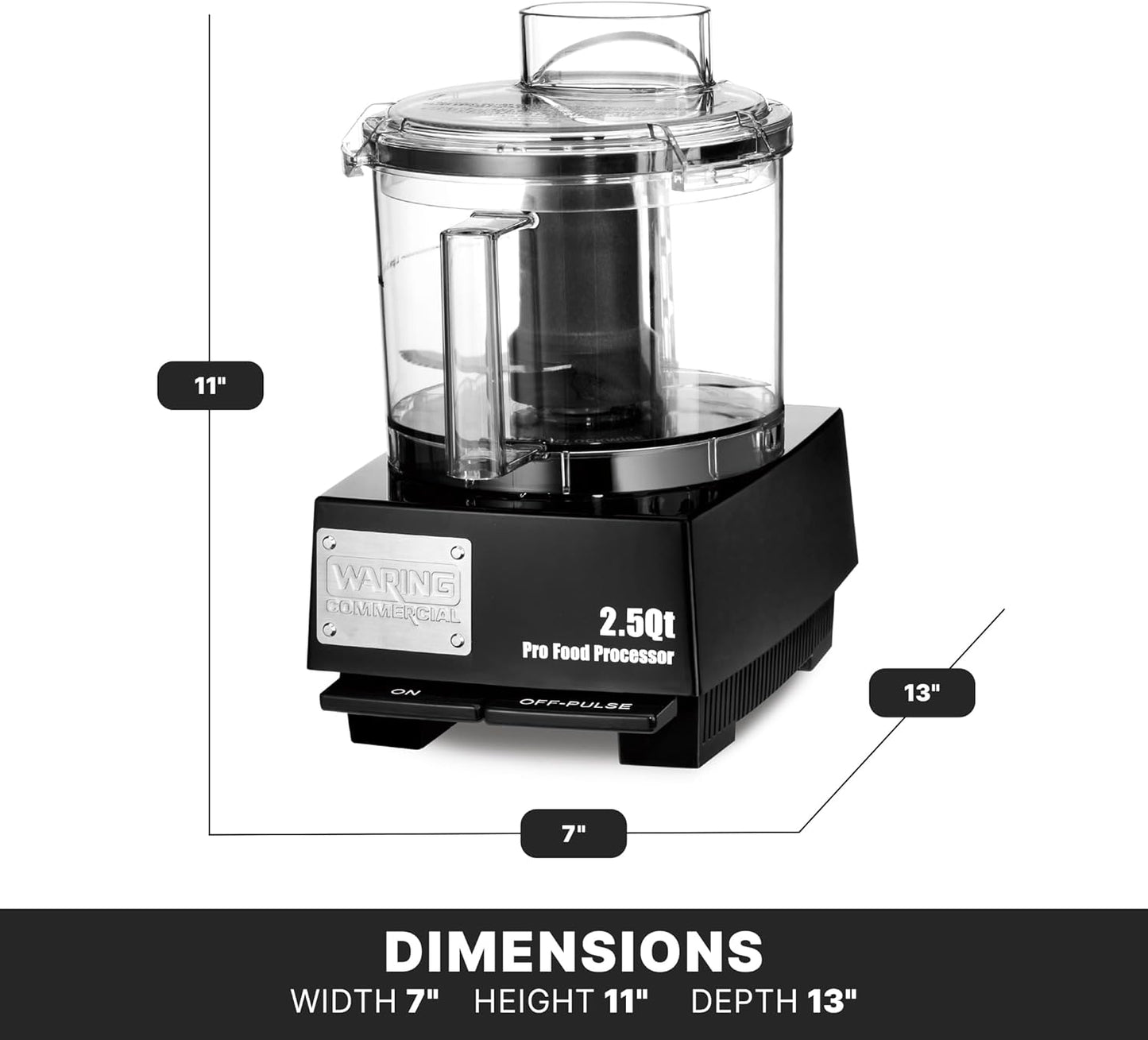 Waring Commercial WFP11SW 2.5 Quart Food Processor, 3/4 HP Motor, Low Profile Design, Patented LiquiLock Seal Bowl System, Includes Whipping Disc and a Standard S blade for Chopping, Pureeing, and Emulsyfying, 120V, 5-15 Phase Plug