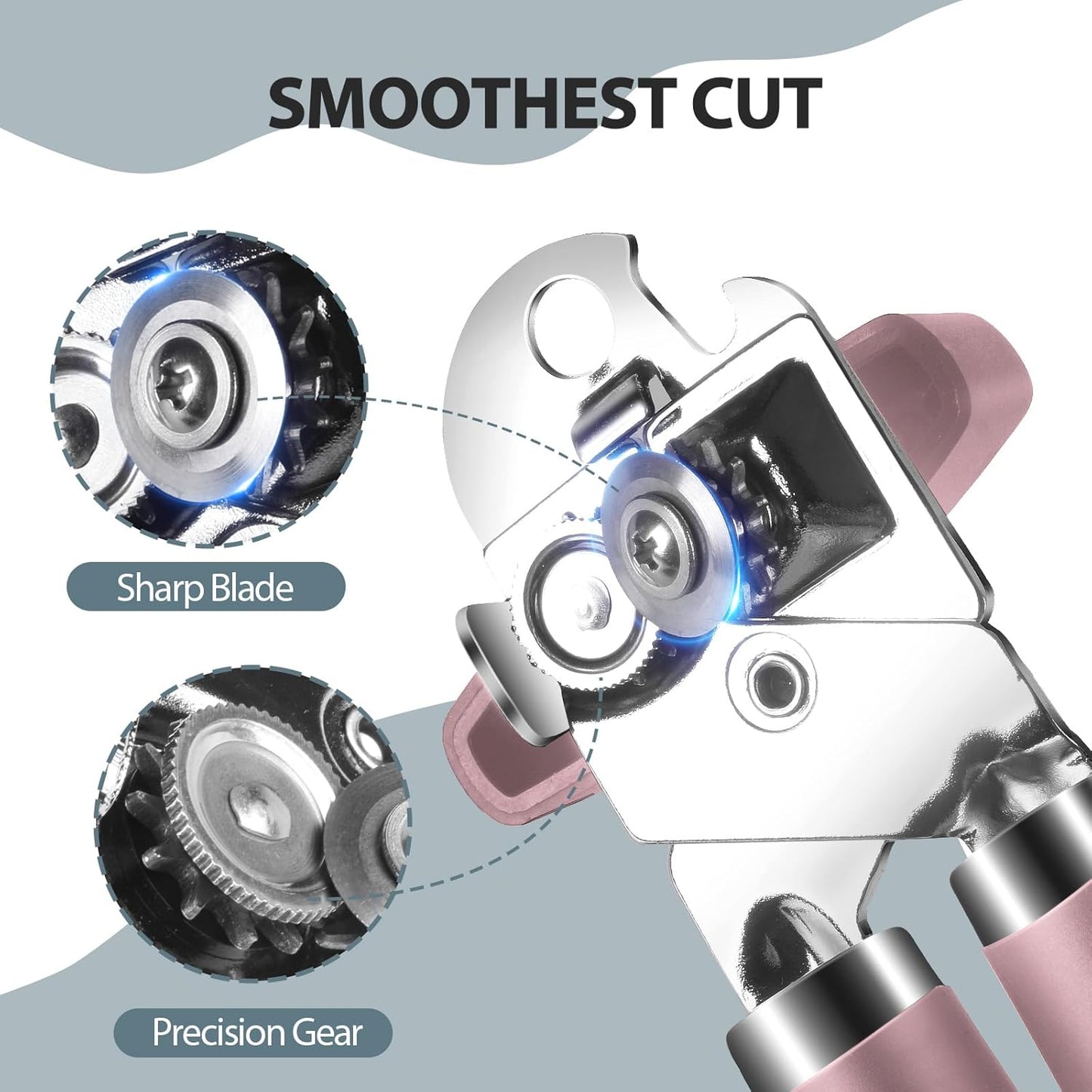 Can Opener Manual, Heavy Duty Handheld Strong Can Opener with Soft Touch Handle, Sharp Blade Smooth Edge, Can Openers with Multifunctional Bottle Opener, Pink