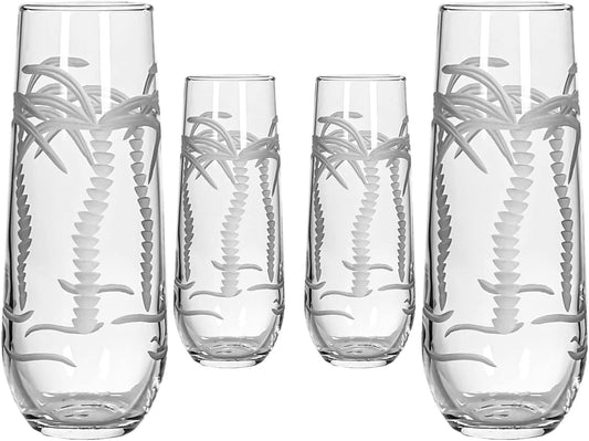 Rolf Glass Palm Tree Stemless Champagne Flute Glasses 8.5 ounce | Toasting Flute Glasses | Lead-Free Glass | Etched Flute Glasses | Proudly Made in the USA (Set of 4)