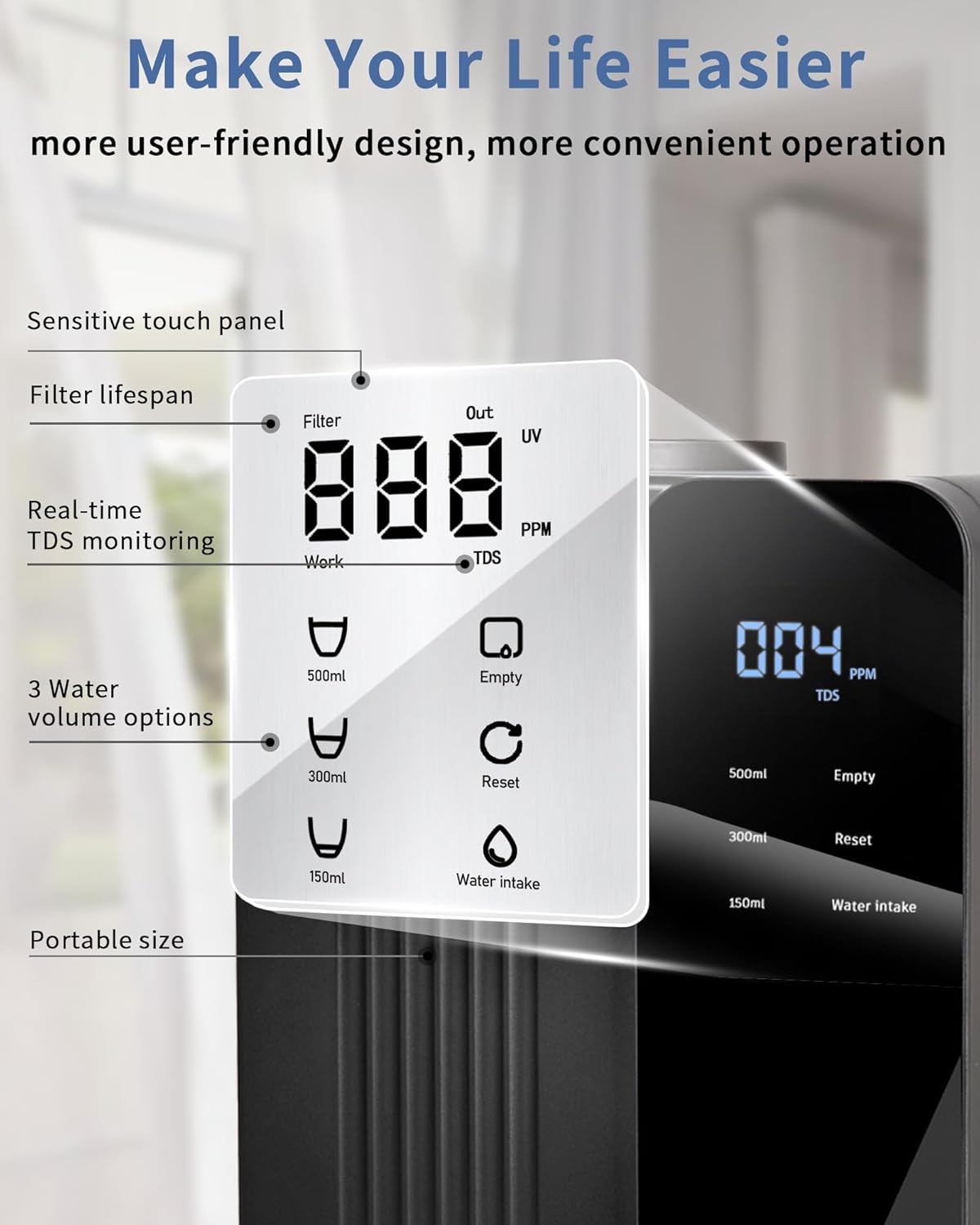 Countertop Reverse Osmosis System Water Filter - 5 Stage RO Water Filtration System, No Installation Portable Home Water Purifier, TDS & Filter Monitor, 3:1 Pure to Drain, Black