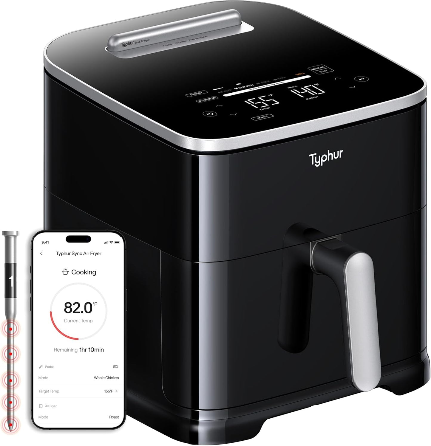 Typhur 8QT Sync Air Fryer with Built-in Wireless Meat Thermometer, 9-in-1 Smart Non Toxic Ceramic Airfryer for Quick Easy Meals, 450°F Max, Cooks 6lb Whole Chicken, Dishwasher Safe, 120V