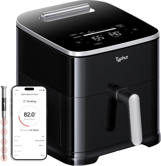 Typhur 8QT Sync Air Fryer with Built-in Wireless Meat Thermometer, 9-in-1 Smart Non Toxic Ceramic Airfryer for Quick Easy Meals, 450°F Max, Cooks 6lb Whole Chicken, Dishwasher Safe, 120V