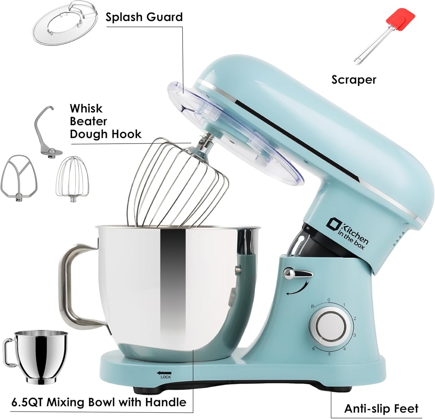 Kitchen in the box Stand Mixer - 6.5 Quart Mixing Bowl with Handle, 900 Watt Powerful Heavy Bread Dough Standing Mixers Tilt-head with Dough Hook, Whisk, Flat Beater and Splash Guard (Blue)