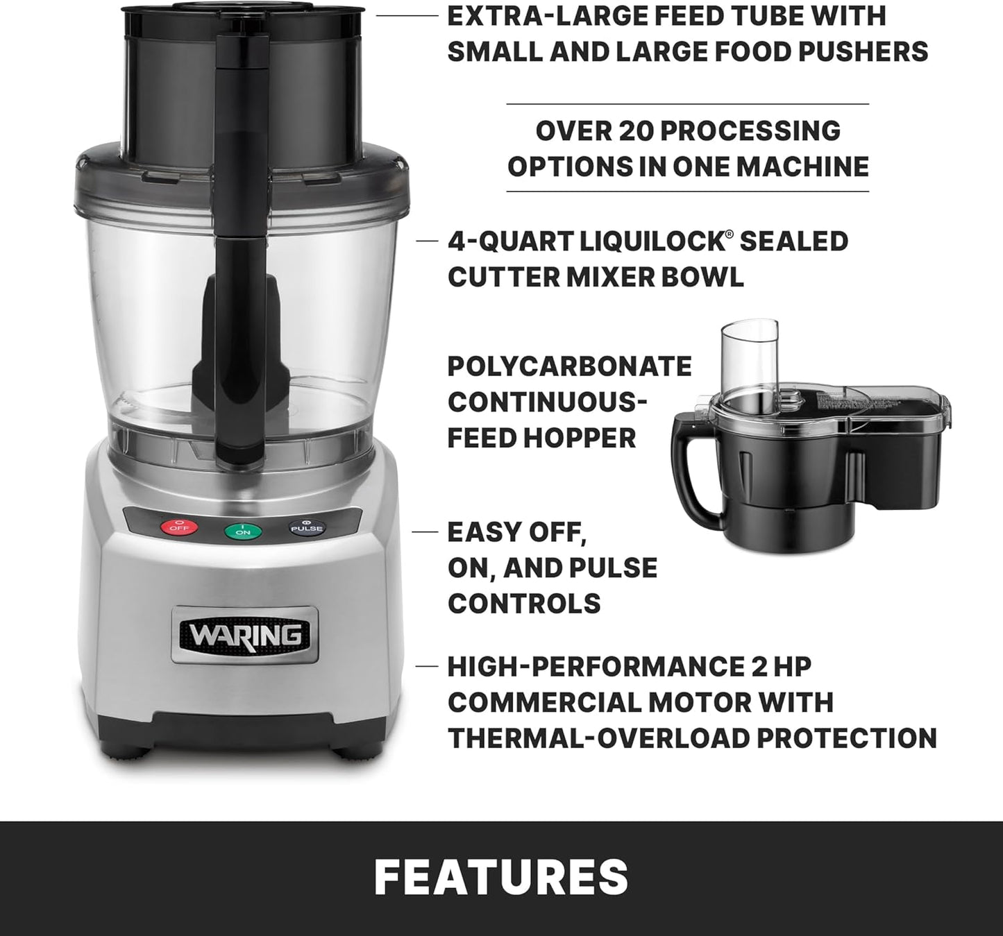 Waring Commercial 4 Quart Food Processor, 2 HP Motor, Extra Large Feed Tube, LiquiLock Sealed Bowl System, S Blade Chops Purees Emulsifies, 120V, 5-15 Phase Plug, Clear WFP16SC Black