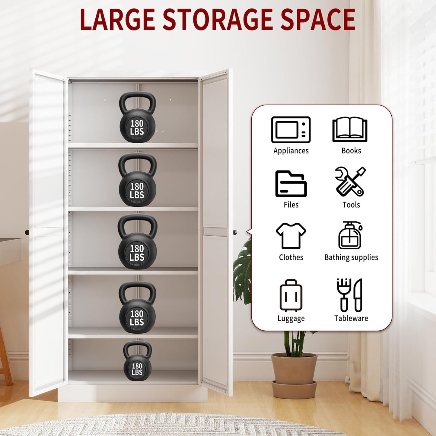 AQY Kitchen Pantry Cabinet,61" White Pantry Storage Cabinet with 4 Tier Adjustable Shelves and 2 Doors,Freestanding Cupboard,Metal Pantry Cabinets with Handle for Living Room Kitchen Assembly Required