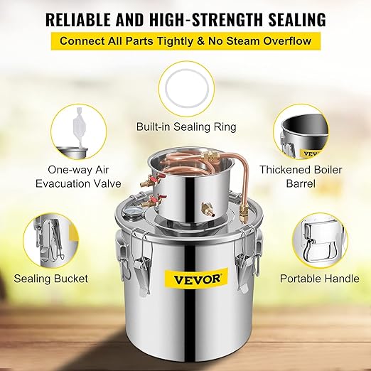 VEVOR Alcohol Still 8Gal/30L Alcohol Distiller Stainless Steel Distillery Kit for Alcohol with Copper Tube & Pump Home Brewing Kit Build-in Thermometer for DIY Whisky Wine Brandy