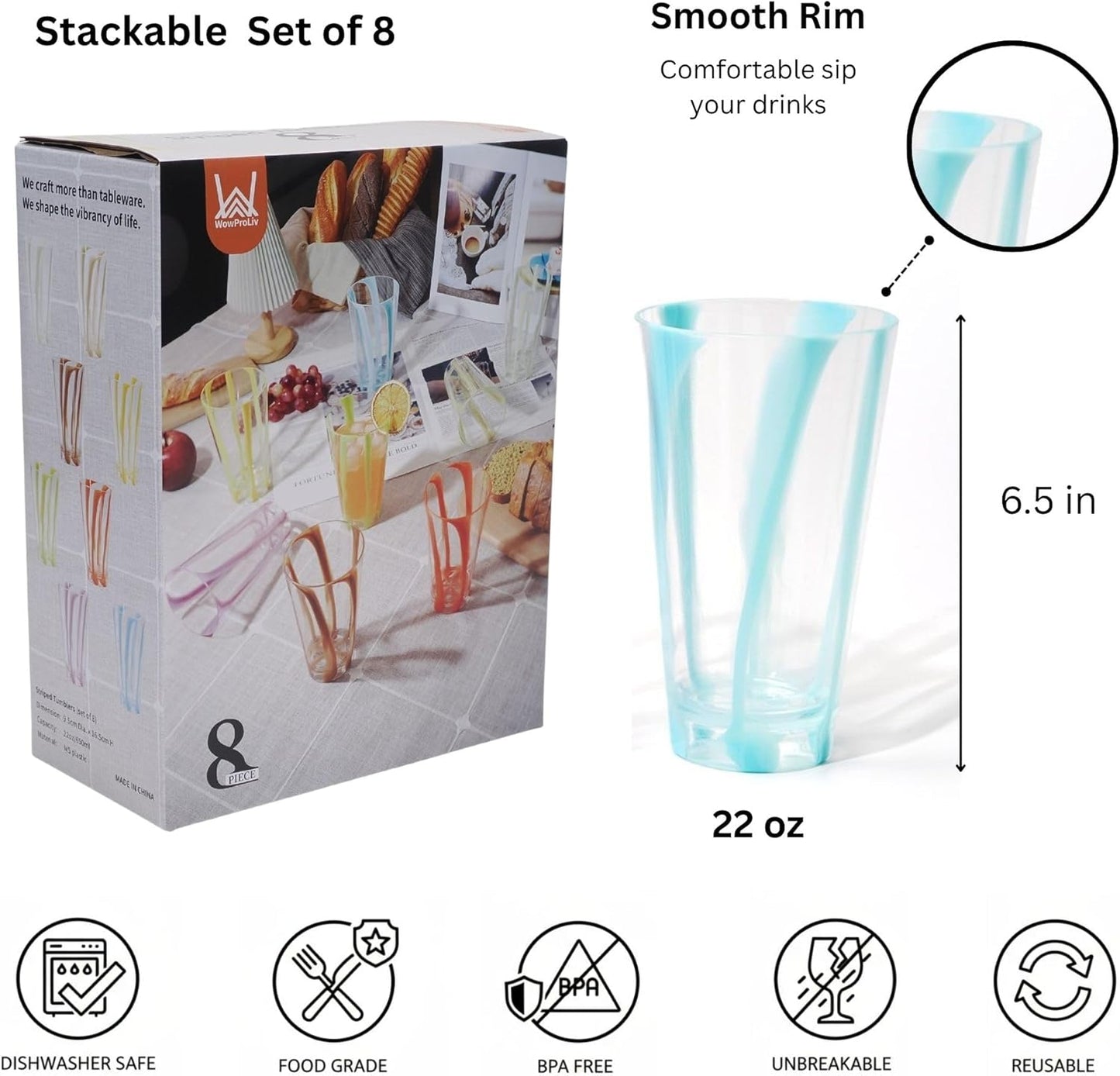 Set of 8 Plastic Striped Circus Drinking Cups Tumblers, Reusable MS Glasses 22 oz - BPA Free, Dishwasher Safe, Colorful, Stackable