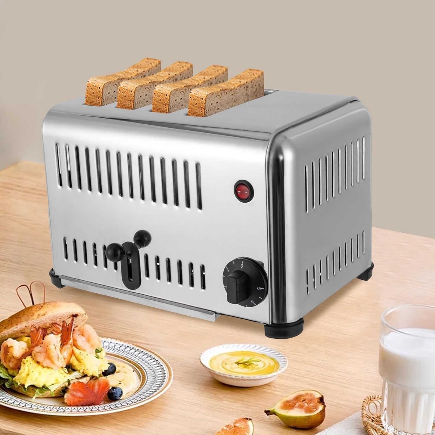 4-Slice Pop-up Bread Baking Machine 1650W 110V Electric Toaster Stainless Steel Baking Machine 1.1“ Heating Slots Bread Baking Machine w/Timing Function for Kitchen Restaurant Bakery, Silver