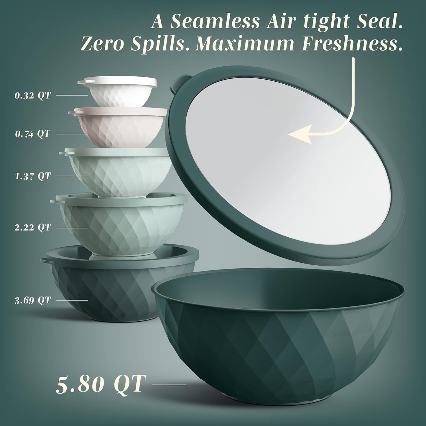 COOK WITH COLOR Mixing Bowls with Lids - 12 Piece Plastic Nesting Bowls Set includes 6 Prep Bowls and 6 Lids, Diamond Design - Microwave Safe, Green