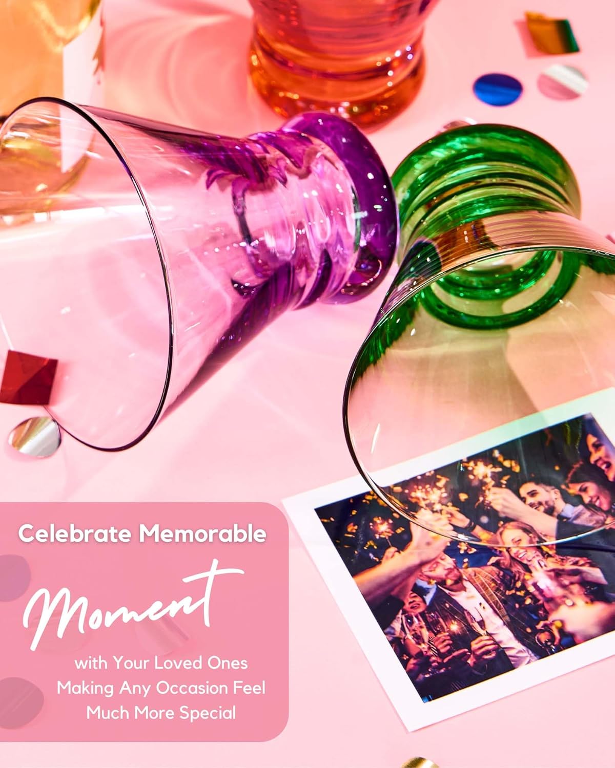 ColoVie Martini Glasses Set of 6 - Cocktail Glasses - 8oz Stemless Margarita, Bar, Dessert Glass - Colored Liquor Drinking Glassware - Cosmo, Manhattan, Espresso Martini - Cocktail Party Gift for Her