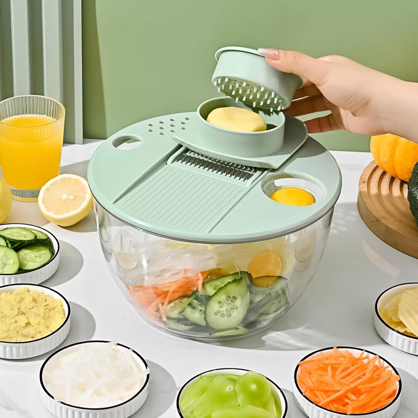 Airpro Salad Spinner Large, Vegetables Fruits Wash Bowl,Lettuce Spinner Pasta and Fries Dryer with 5 Blades,Egg Yolk Strainer Slicer Shredder for Kitchen Colander, 5.3 Qt, Green White