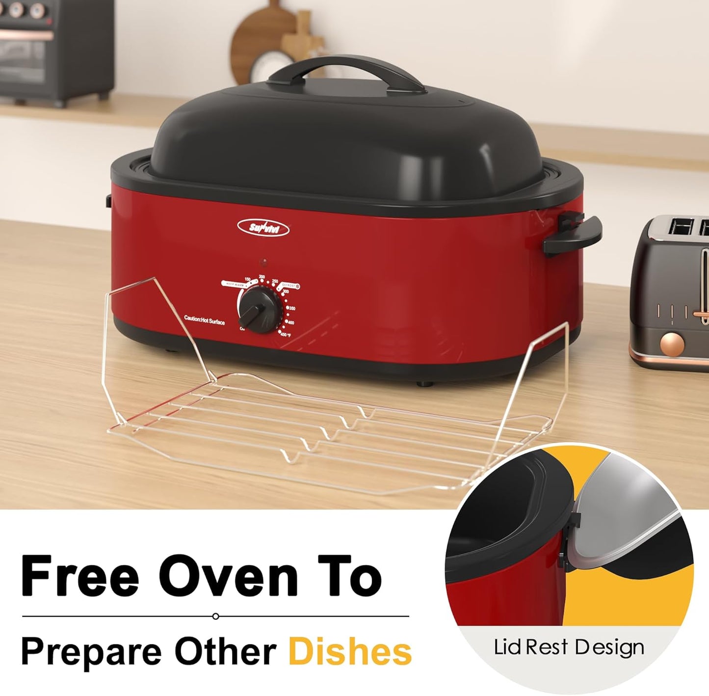 Sunvivi 26lb 22-Quart Roaster Oven, Electric Roaster Oven with Viewing Lid, Turkey Roaster with Unique Defrost/Warm Function, Large Roaster with Removable Pan & Rack, Stainless Steel, Red