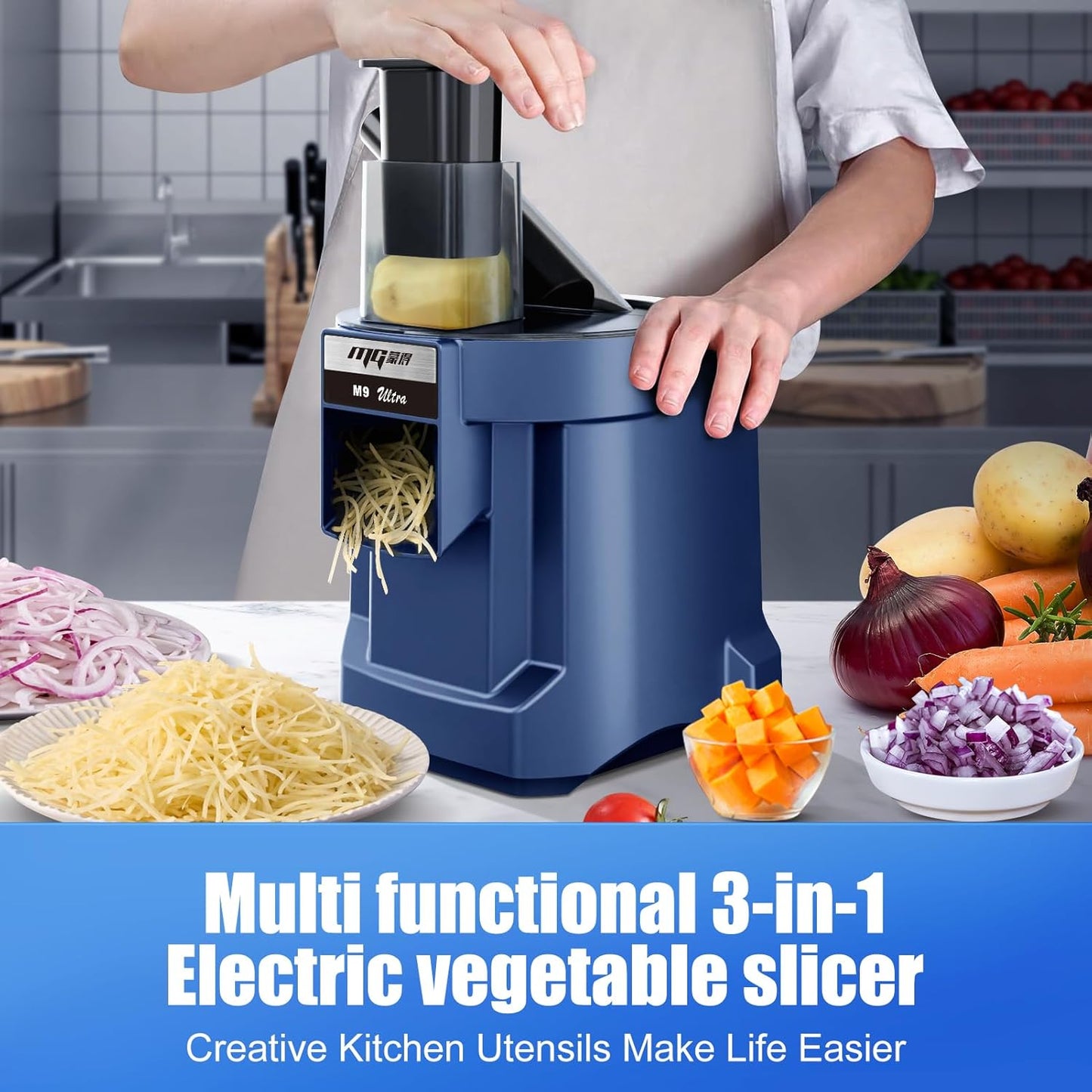 MOGAN 3-In-1 Electric Vegetable Chopper, Multifunctional Vegetable Slicer Fruit Food Processor, Auto Veggie Dicer Cutter Stainless Steel Blades for Slicing Shredder Dicing&Striping for Commercial Home