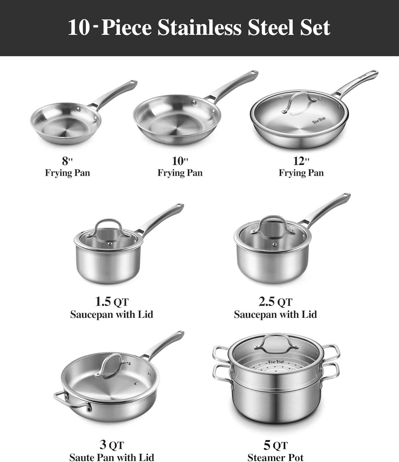 Stainless Steel Cookware Set,Tir-Ply Pots and Pans Set,13 Pcs Stainless Steel Induction Kitchen Cookware Sets,PFOA Free, Frying Pans,Saucepans,Saute Pan & Stock Tagine Pot,Compatible with All Cooktops