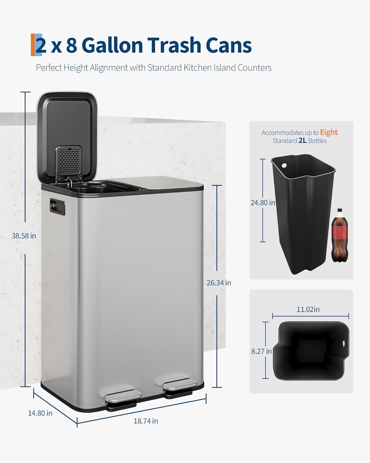 GarveeHome 2 x 8 gal Stainless Steel Double Trash Can with Lid for Kitchen, Large Dual Trash and Recycle Bin Combo, Step-on Kitchen Metal Garbage Cans, PP Inner Buckets, Liner Rim, Silver