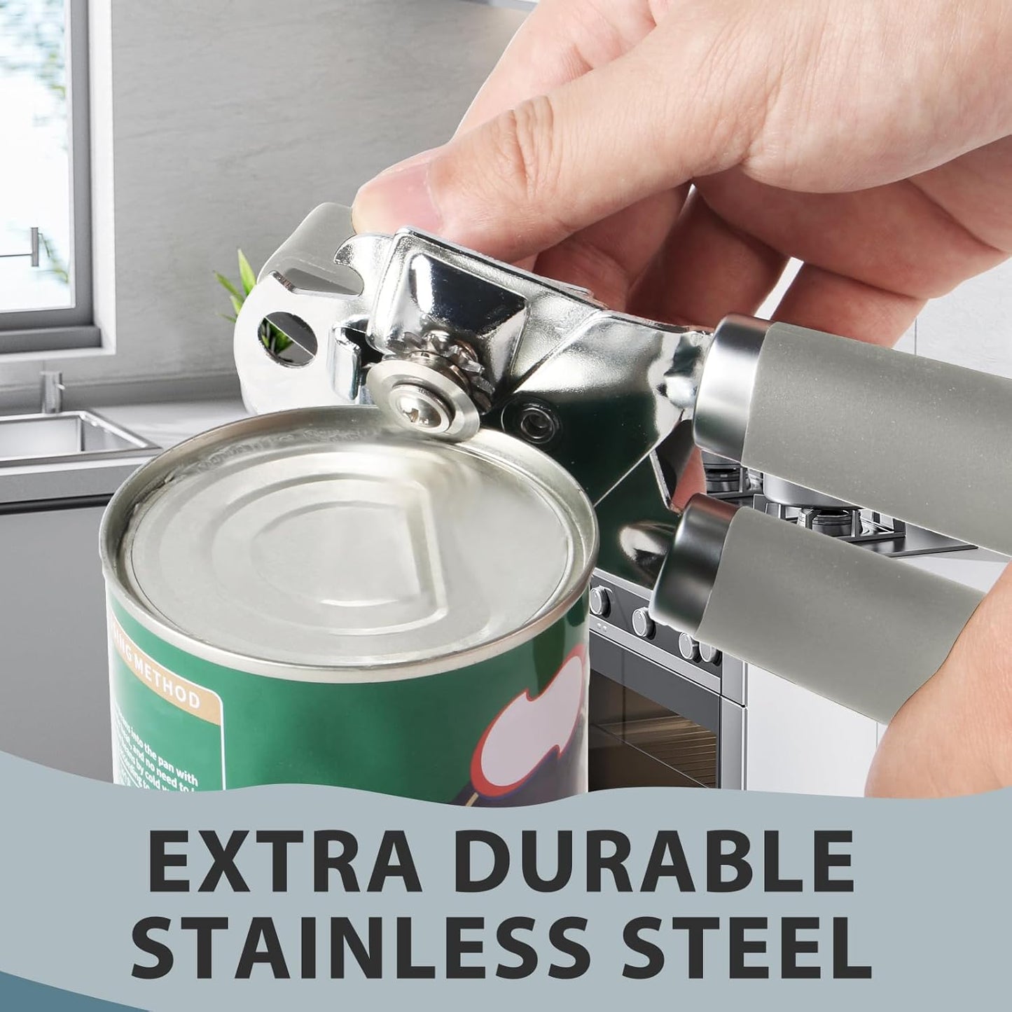 Can Opener Manual, Heavy Duty Handheld Strong Can Opener with Soft Touch Handle, Sharp Blade Smooth Edge, Can Openers with Multifunctional Bottle Opener, Gray