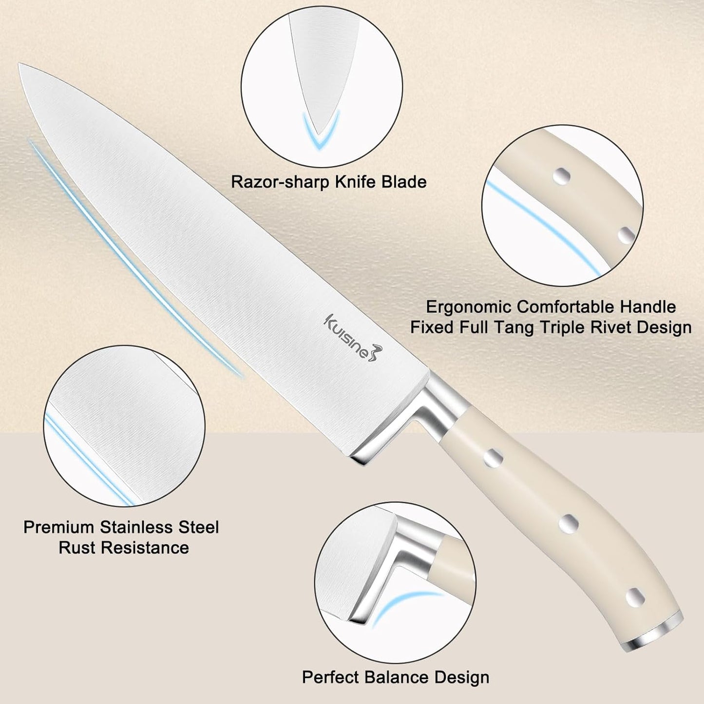 Kuisine Premium Sharp Knife Set,High Carbon Stainless Steel Ergonomic Handle,Knife Block Set with Built-in Sharpener(15PCS,Ivory)