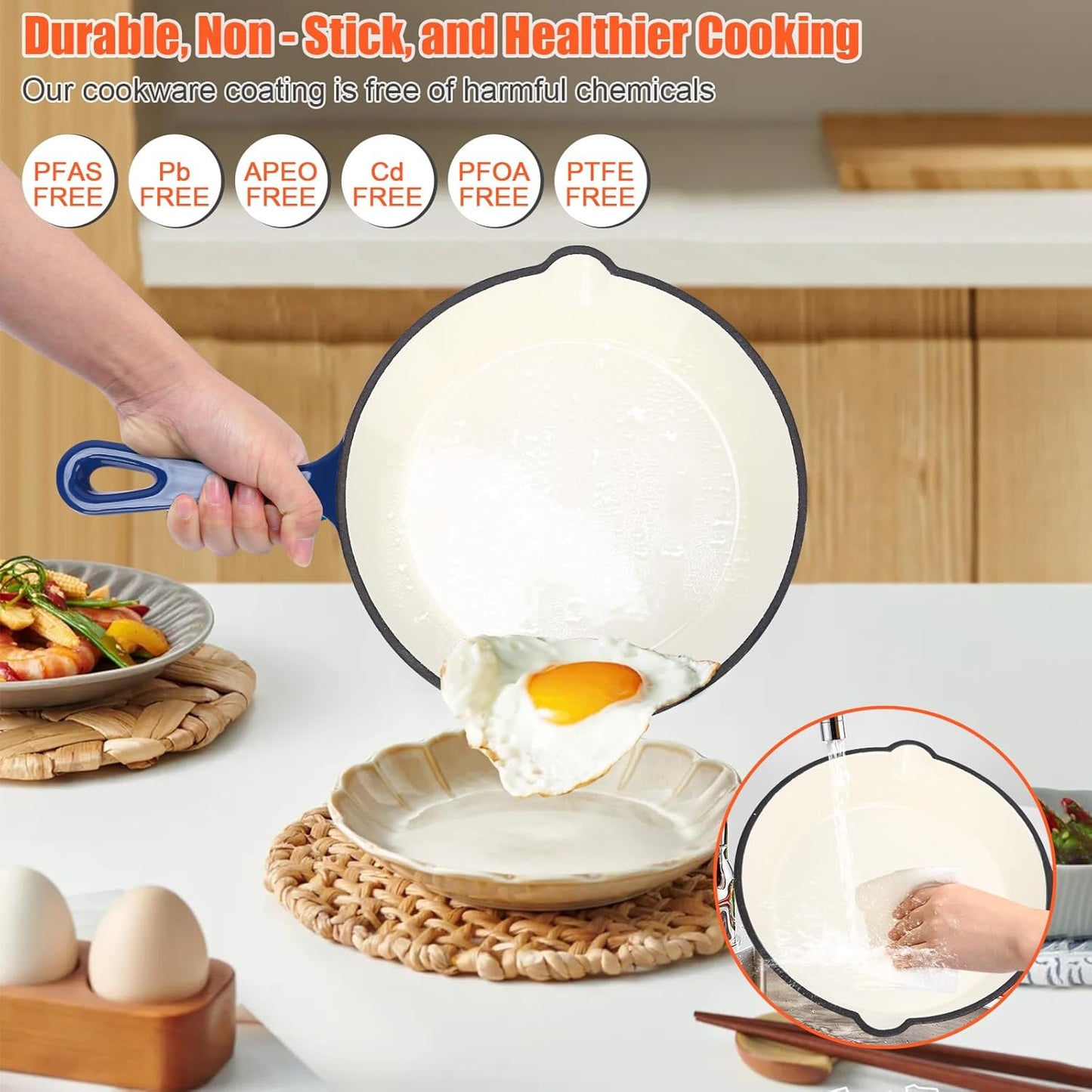 Nonstick Enameled Cast Iron Cookware Set, 8-Pcs Pots and Pans with Lid, Frying Pan Skillet, Sauce Pan, Healthy Round Dutch Oven Pot for Sourdough Bread Baking on All Stovetop, Come with Organizer,Navy