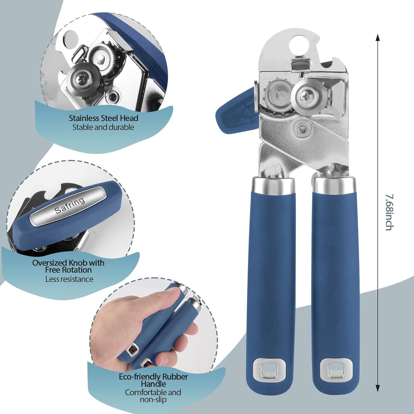 Can Opener Manual, Heavy Duty Handheld Strong Can Opener with Soft Touch Handle, Sharp Blade Smooth Edge, Can Openers with Multifunctional Bottle Opener, Blue