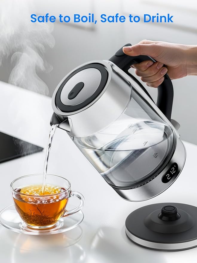 Kismile Electric Kettle, Color-Changing Light, 7 Adjustable Temp Settings & 2h Keep Warm, Auto Shut-Off, 1.7L 1500W Water Boiler for Coffee & Tea, Borosilicate Glass