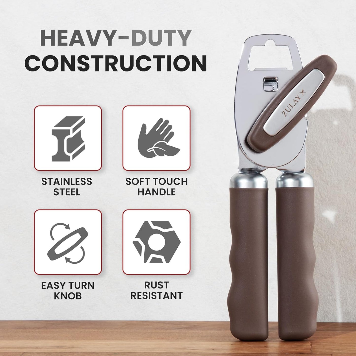 Zulay Kitchen Heavy Duty Stainless Steel Can Opener Manual with Bottle Opener - Rust Proof Manual Can Opener With Turn Knob & Comfy Soft Grip Handles - Brown