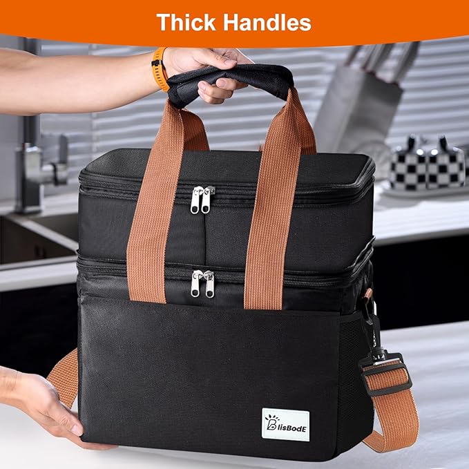 Upgraded Insulated Lunch Bag & Lunch Box for Men and Women - 15-20L Expandable Double Deck, Leakproof Soft Cooler Bag with Side Tissue Pocket - Large Adult Lunch Tote for Work, Picnic, Beach (Black)