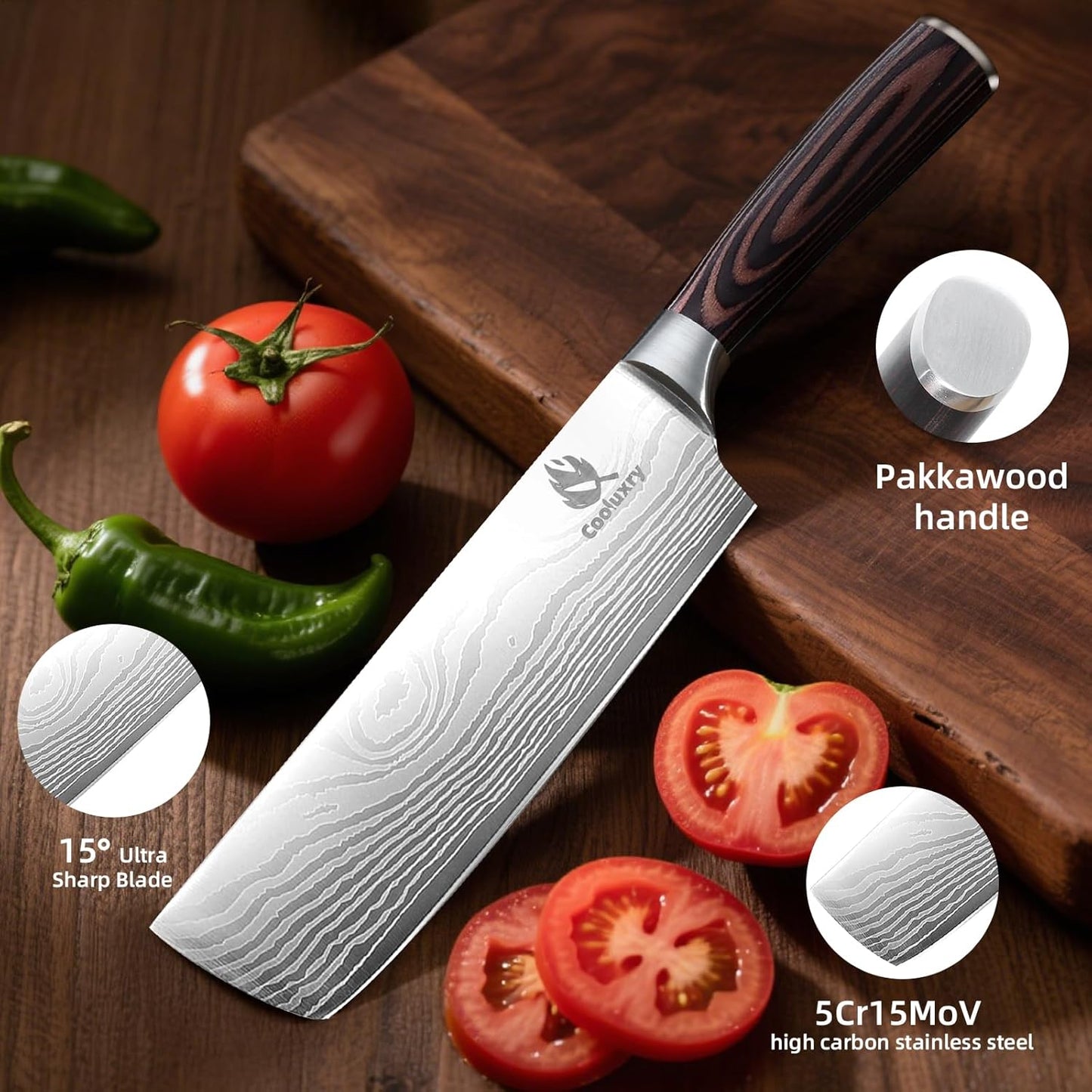 7 Inch Nakiri Knife - 7" Razor Sharp Meat Cleaver and Vegetable Kitchen Knife, Professional Vegetable Chopping Knife, High Carbon Stainless Steel Blade with Ergonomic Handle